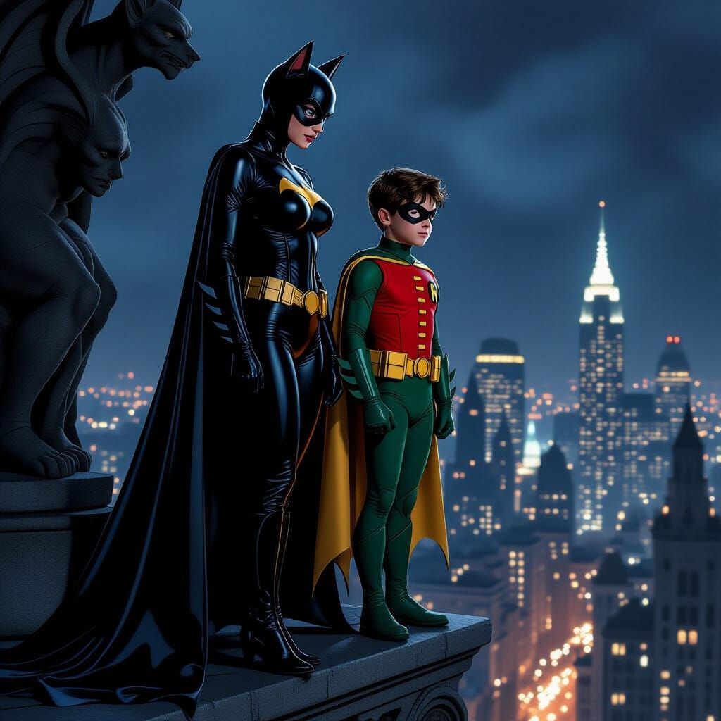 Catwoman and Robin Overlooking Gotham City
