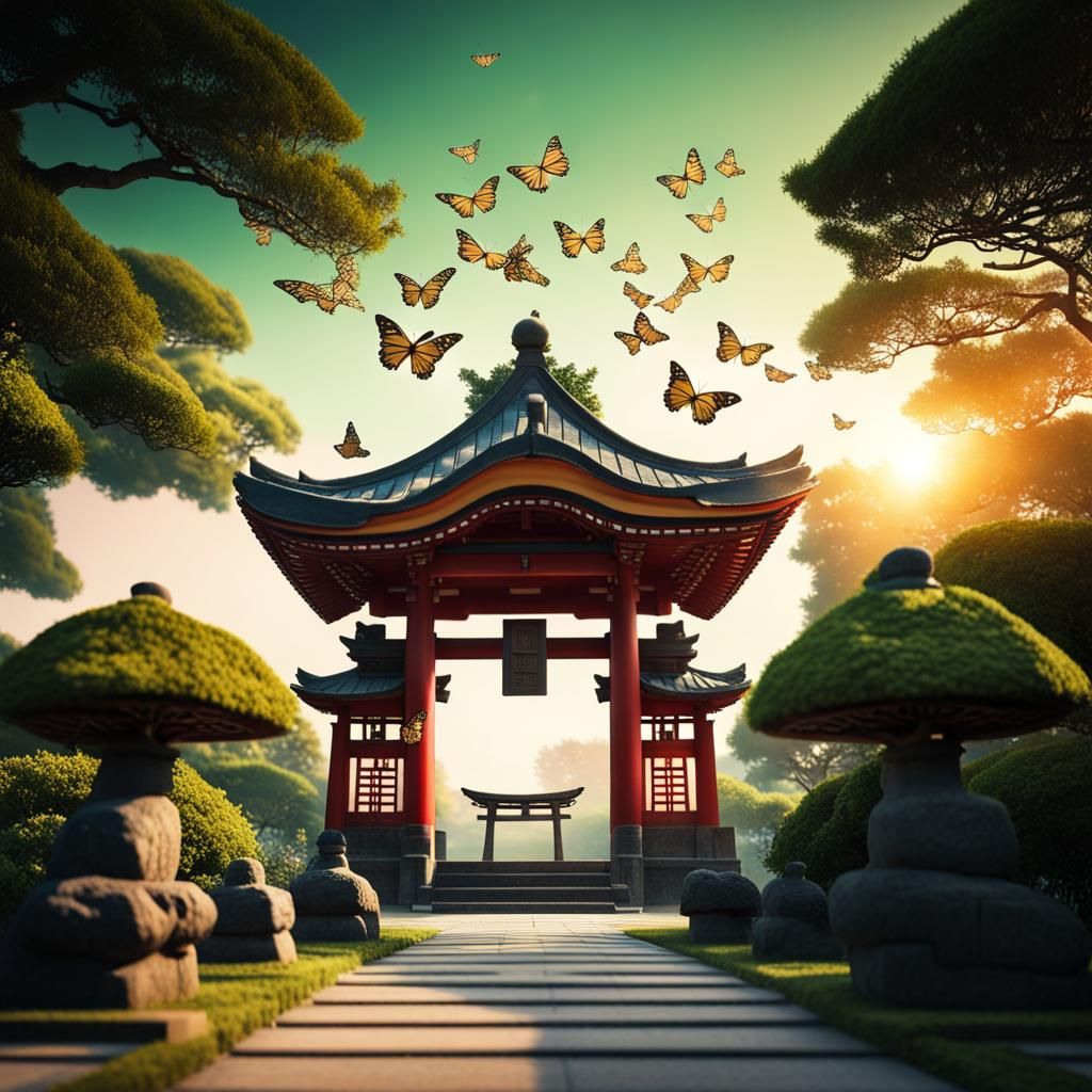 Japanese Garden Sunrise with Butterflies