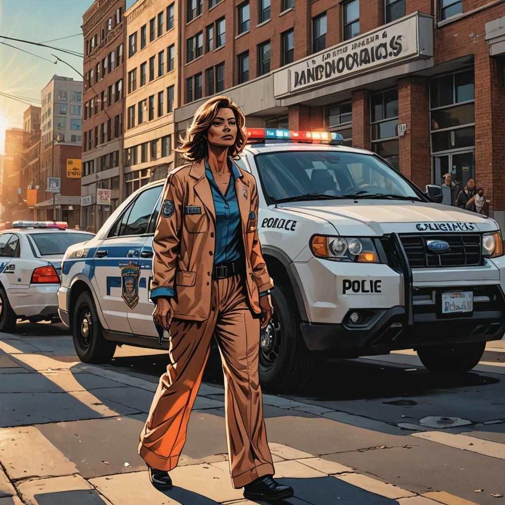 Gritty Comic Book Art: Woman Steps from Police Car