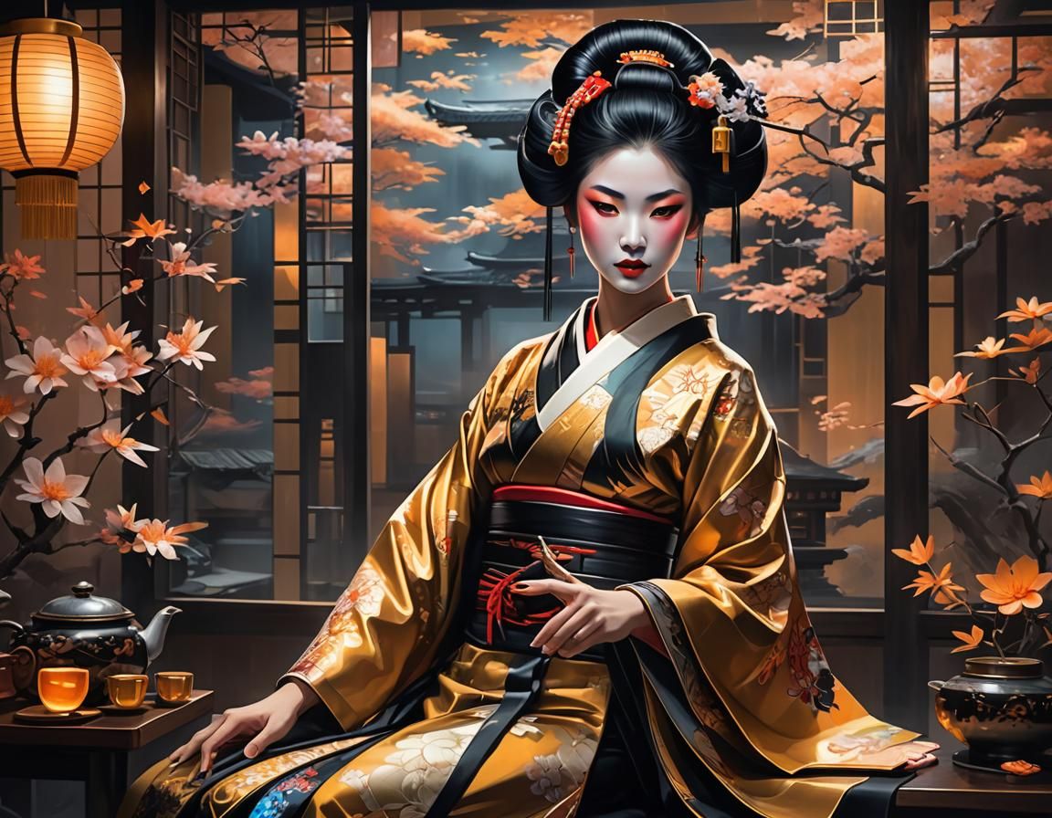 Geisha in Futuristic Tea House, Digital Painting