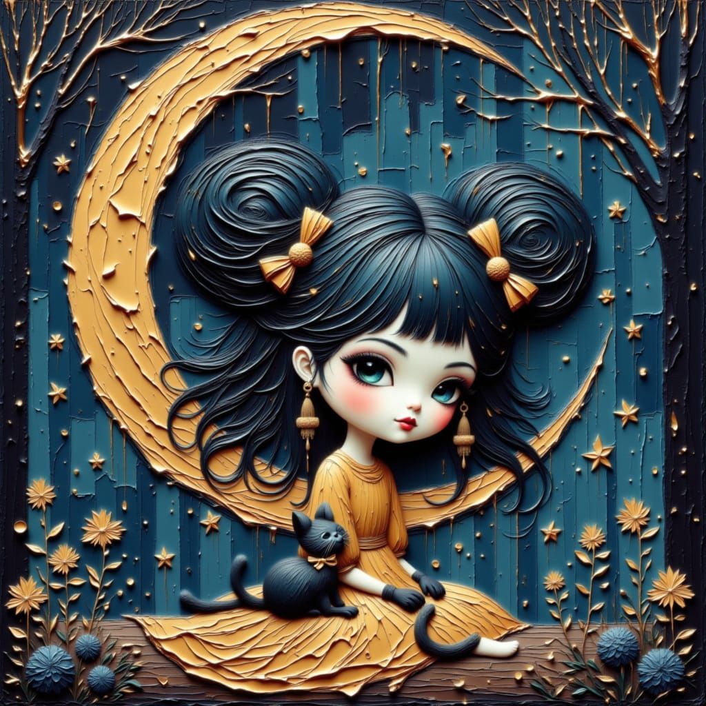 Moon Fairy with Cat in Golden Moonlit Nature