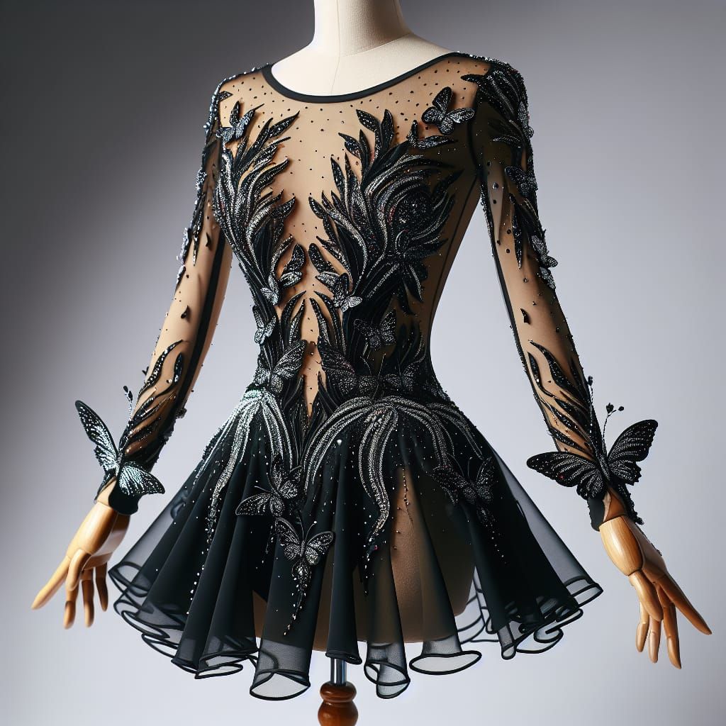 Elegant Black Figure Skating Dress with Butterflies
