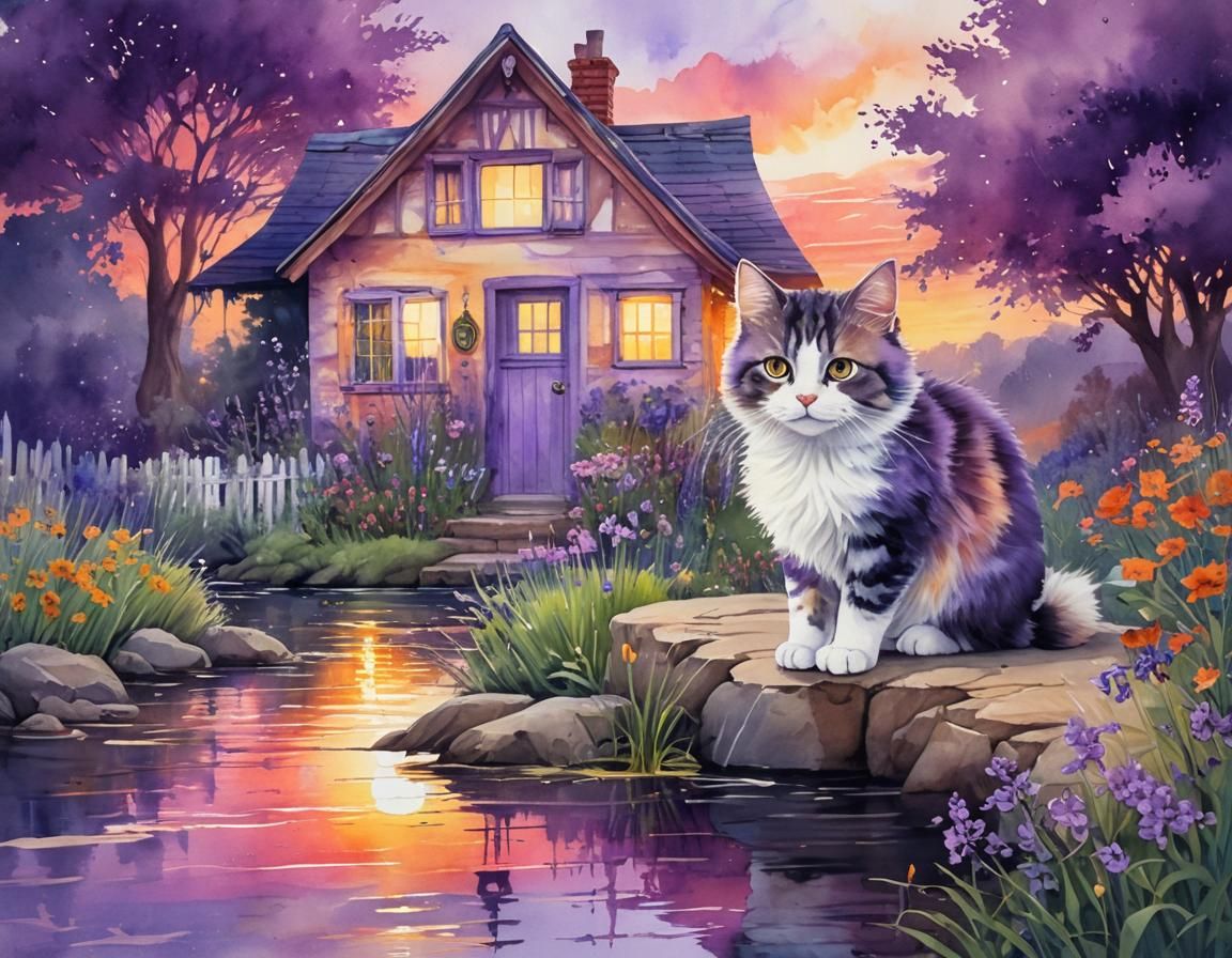 Whimsical Cottage Sunset: Faded Watercolor Painting