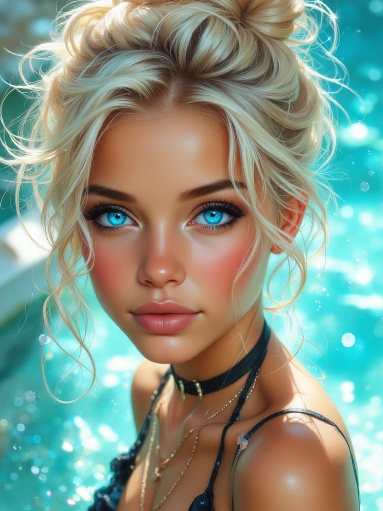 Anime Girl with Luminous Eyes in Water