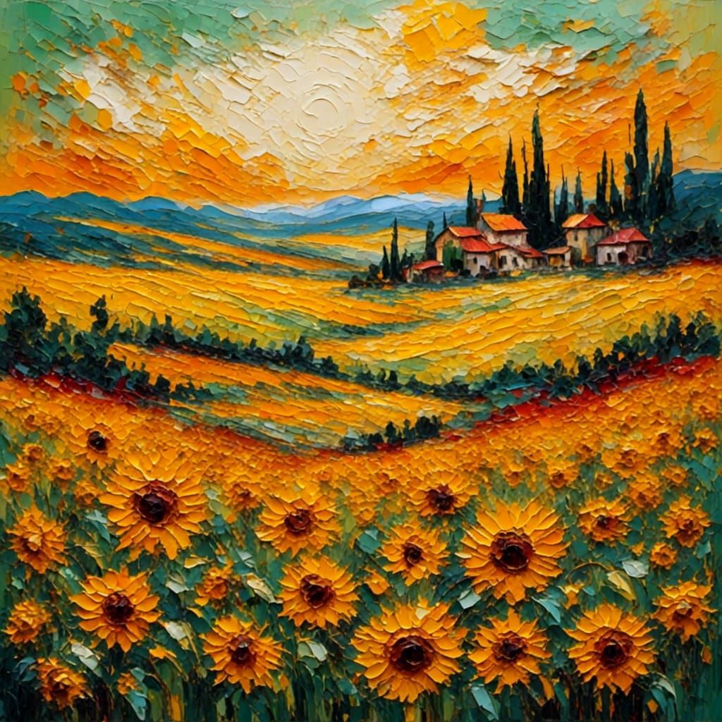 Sunflower Field at Sunset in Post-Impressionist Style