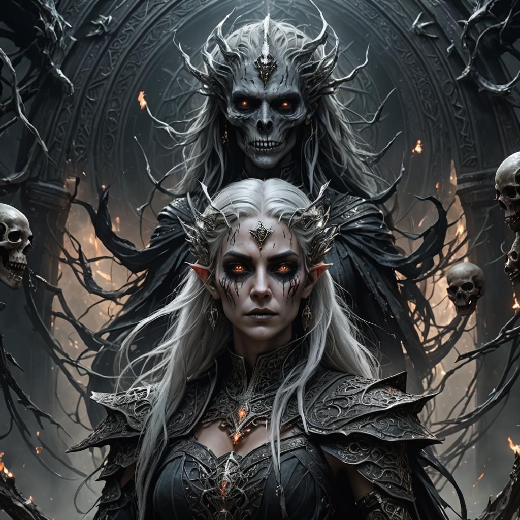 Dark Elf Pythia in Horror Scene as Dark Fantasy Art