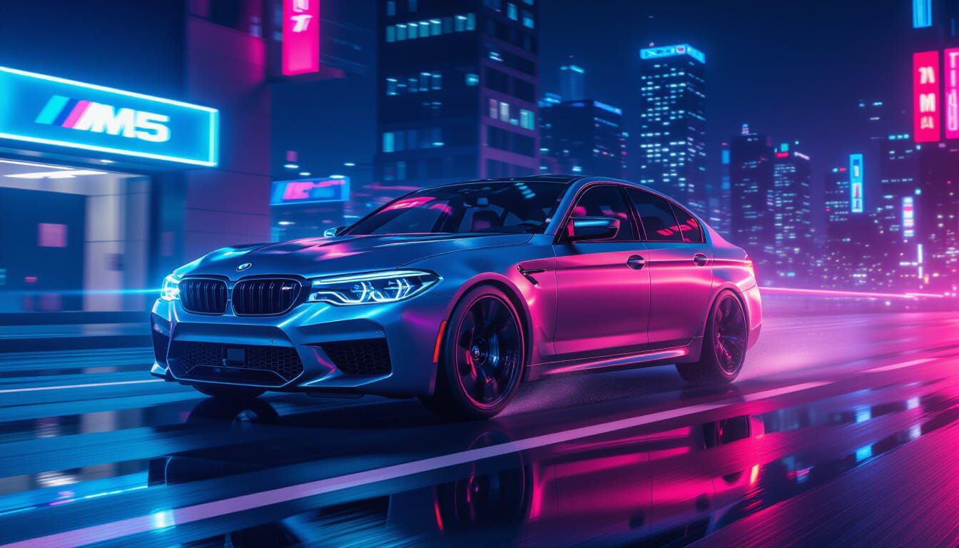 BMW M5 Speeds Through Neon City at Night