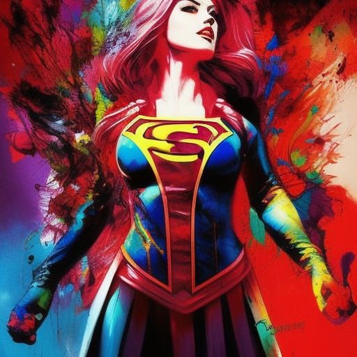 Evil Supergirl as Colorful Ink Splash Art