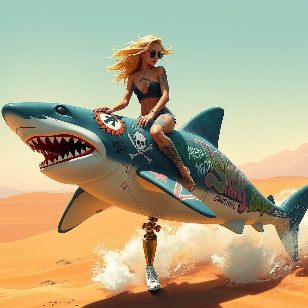 Woman Rides Graffiti Shark in Syd Mead Style