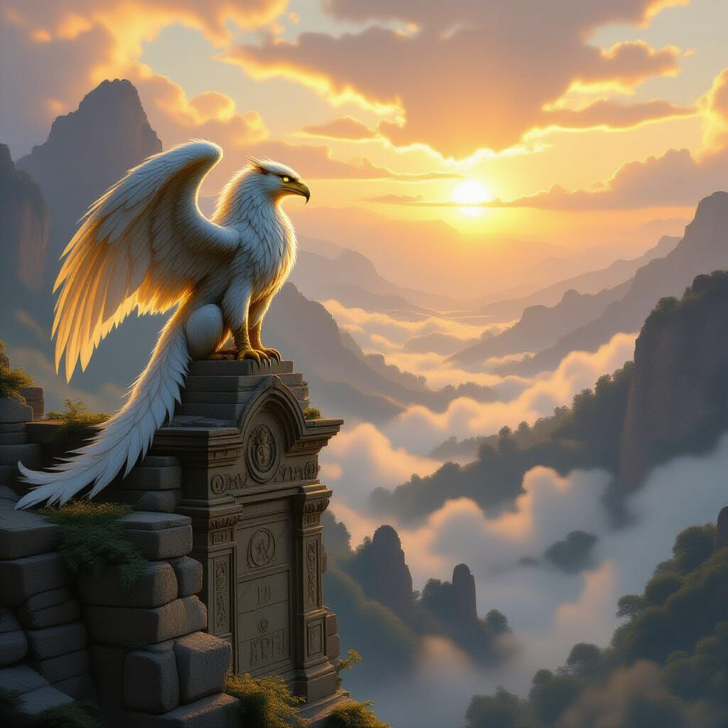 Majestic Griffin Over Mist Valley at Dawn