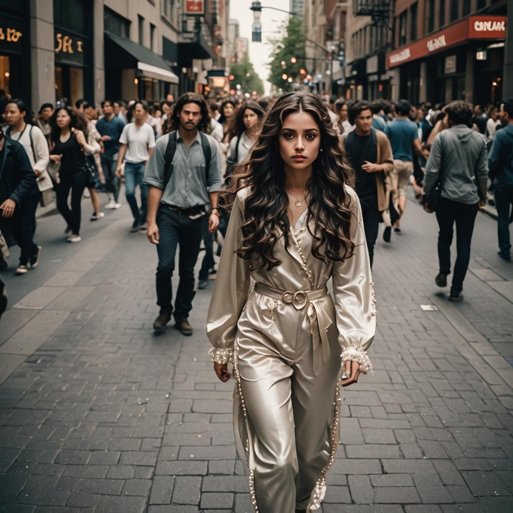 Young Woman in Pearl Outfit on Sidewalk