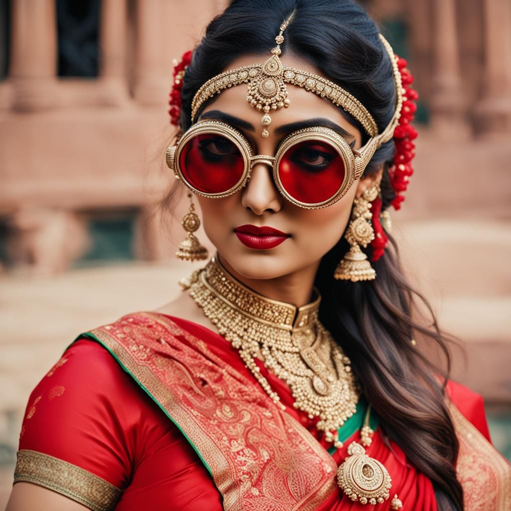 Indian Woman in Red Saree with Goggles