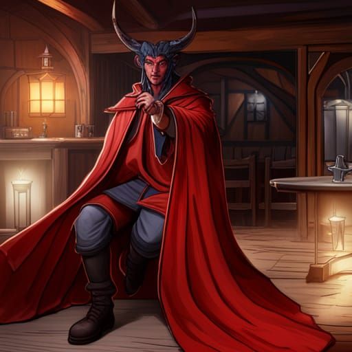 Tiefling Sorcerer in Tavern, Dark Fantasy Concept Art