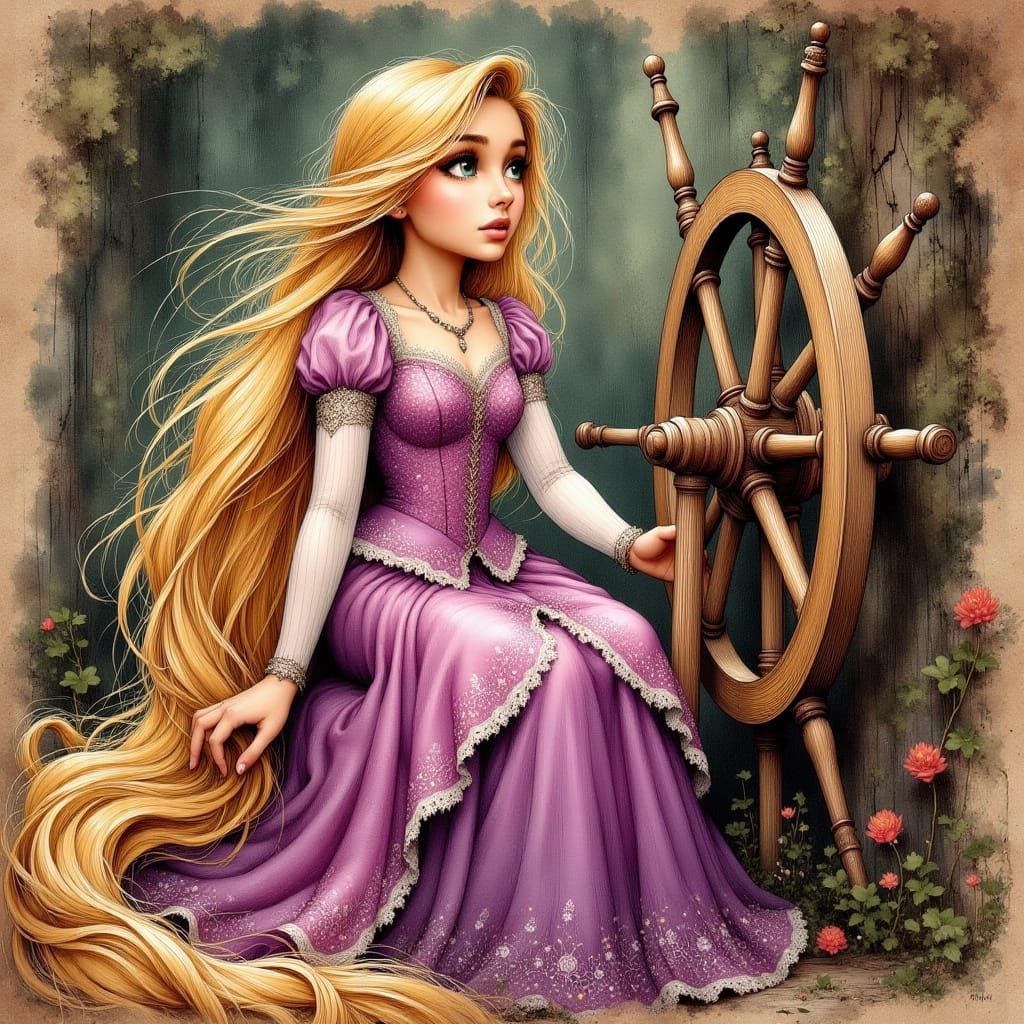 Rapunzel Spins a Vibrant Wheel in Moody, Watercolor-Inspired...