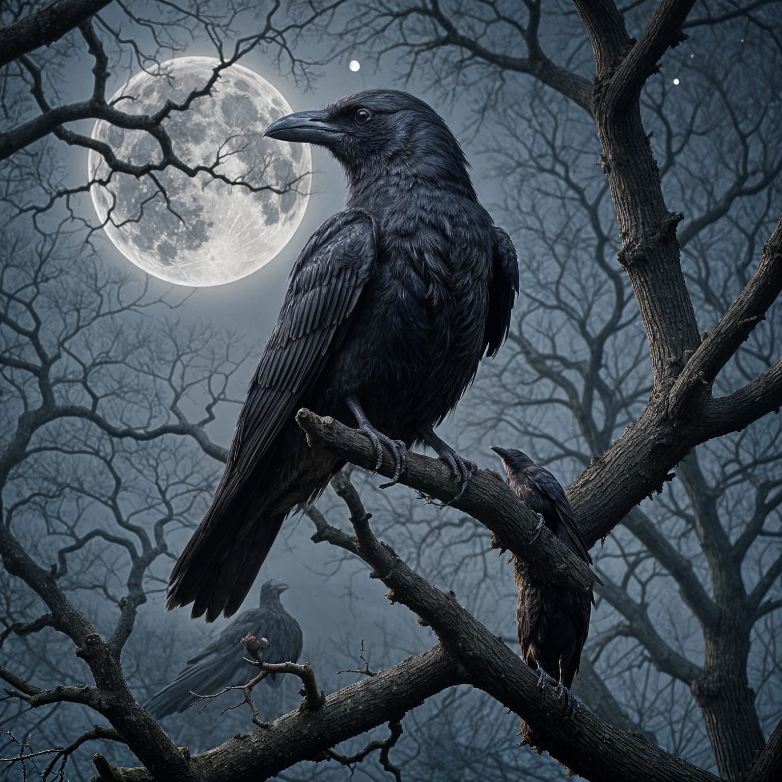 Gothic Realism Crow Perched on Oak Tree in Moonlit Cinema