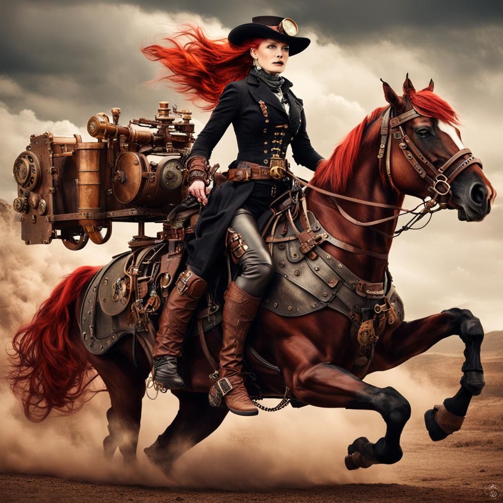 Steampunk Redhead Gunslinger on Horseback