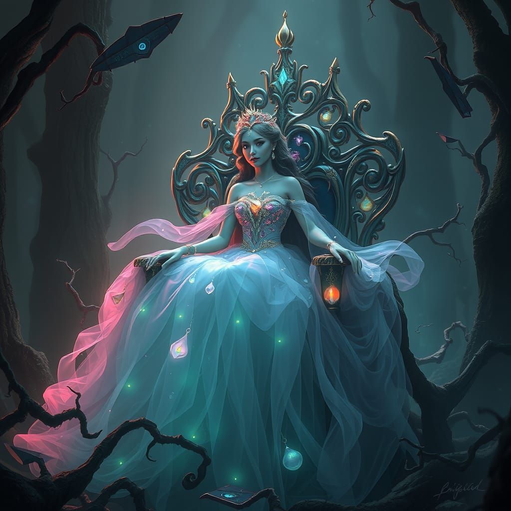 Enchanted Princess in Twisted Vine Throne Amidst Dark Forest