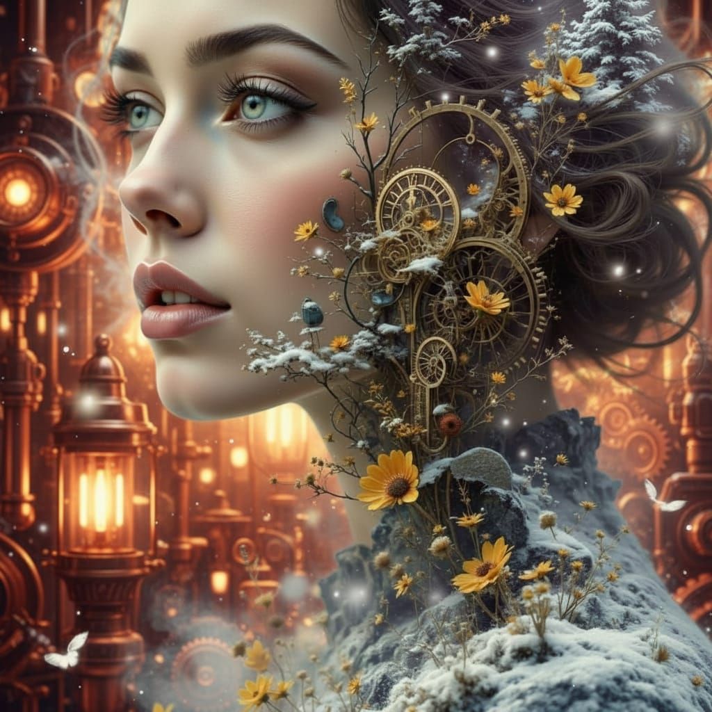Surreal Clockwork Woman Double Exposure Portrait