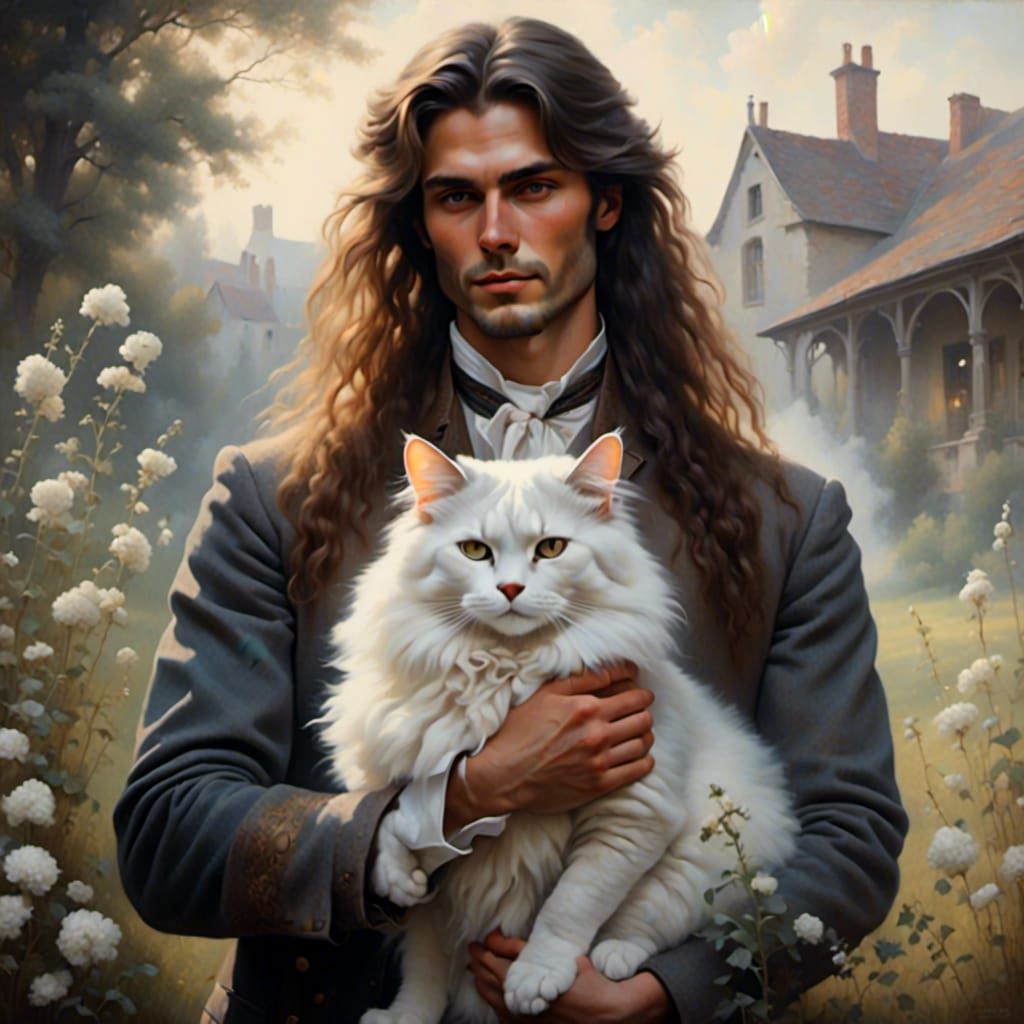 Man and Cat Portrait in Misty Dreamscape