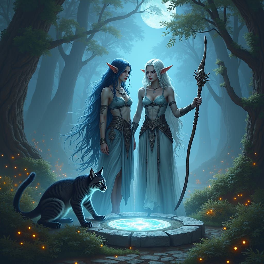 Moon Elf Twin Sisters in Forest Clearing, Fantasy Matte Pain...