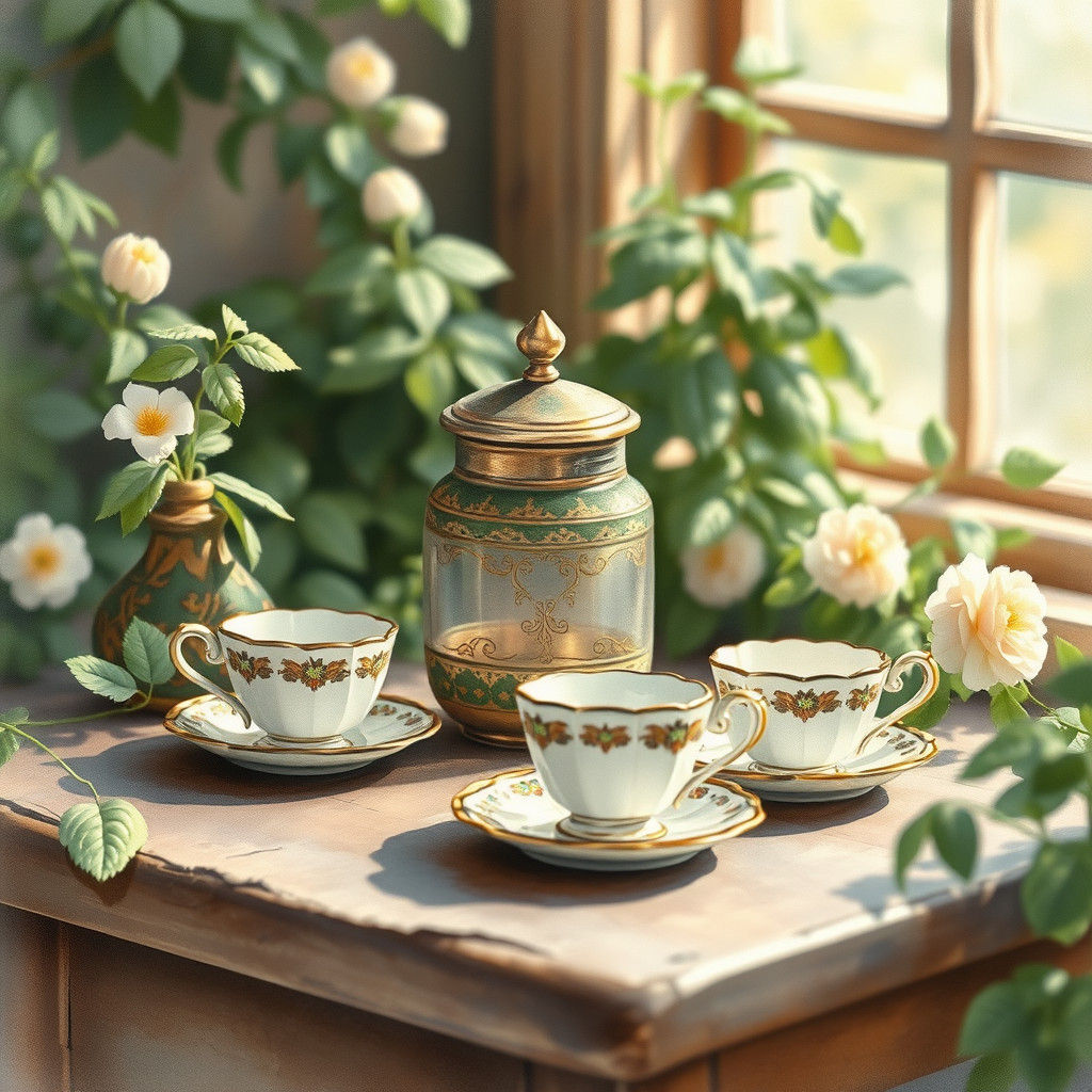 Whimsical Watercolor Teacups on Wooden Table