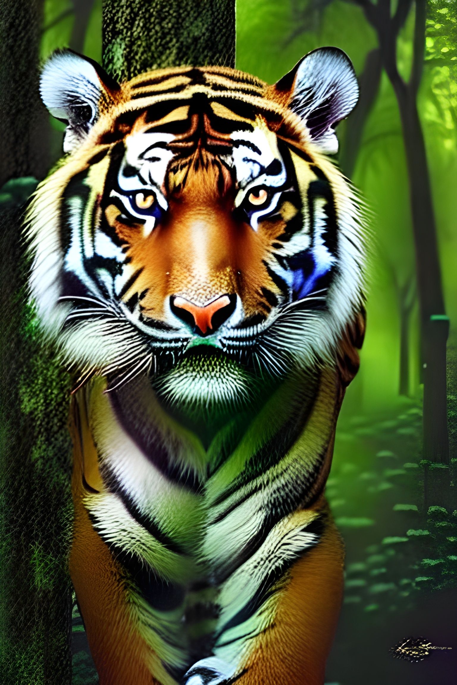 🐯 Tiger in the forest at light, eyes burning bright, intricate detailed photography of tiger, masterpiece by Sergej Gor...