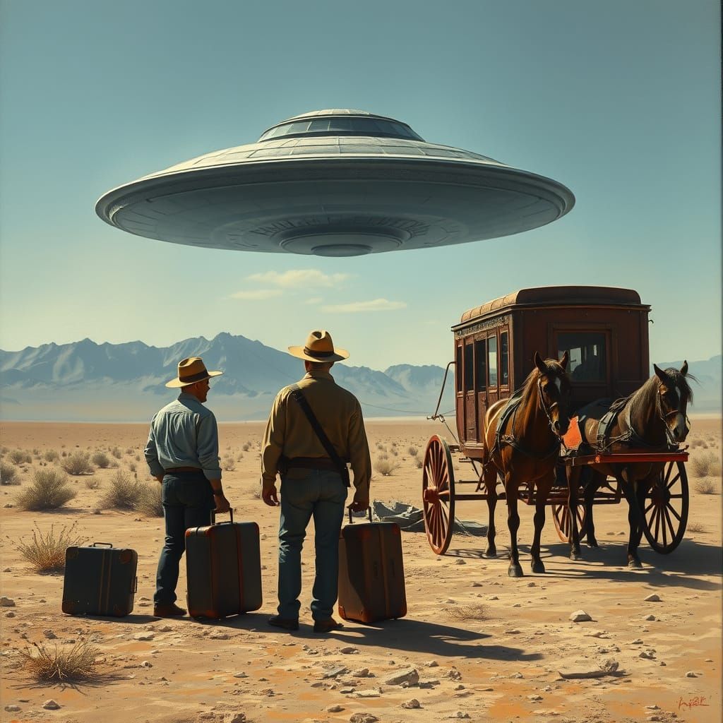 Crashed UFO in the Old West, Oil Painting Style