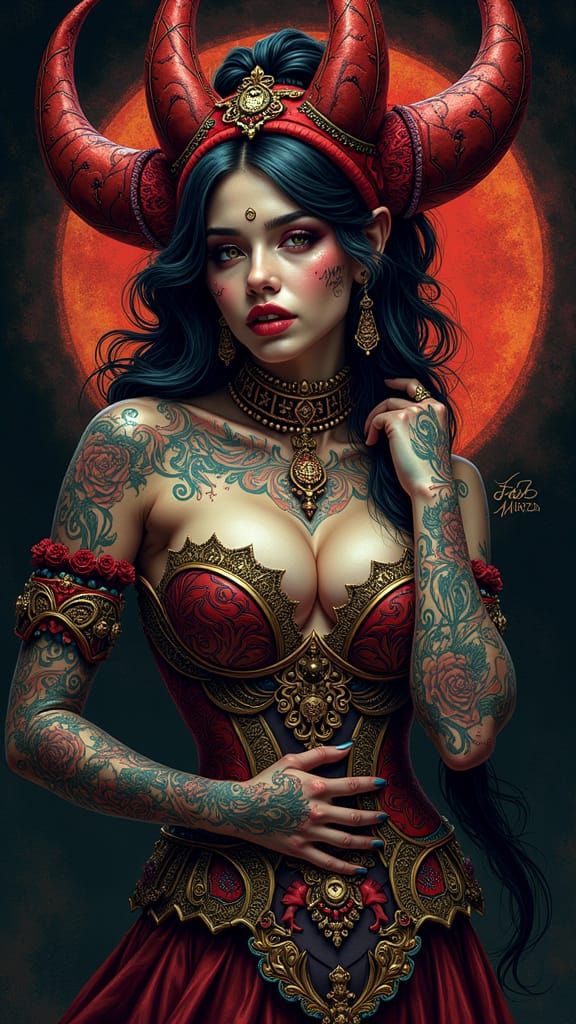 Elegant Demon Woman in Neo-Traditional Tattoo Art Style