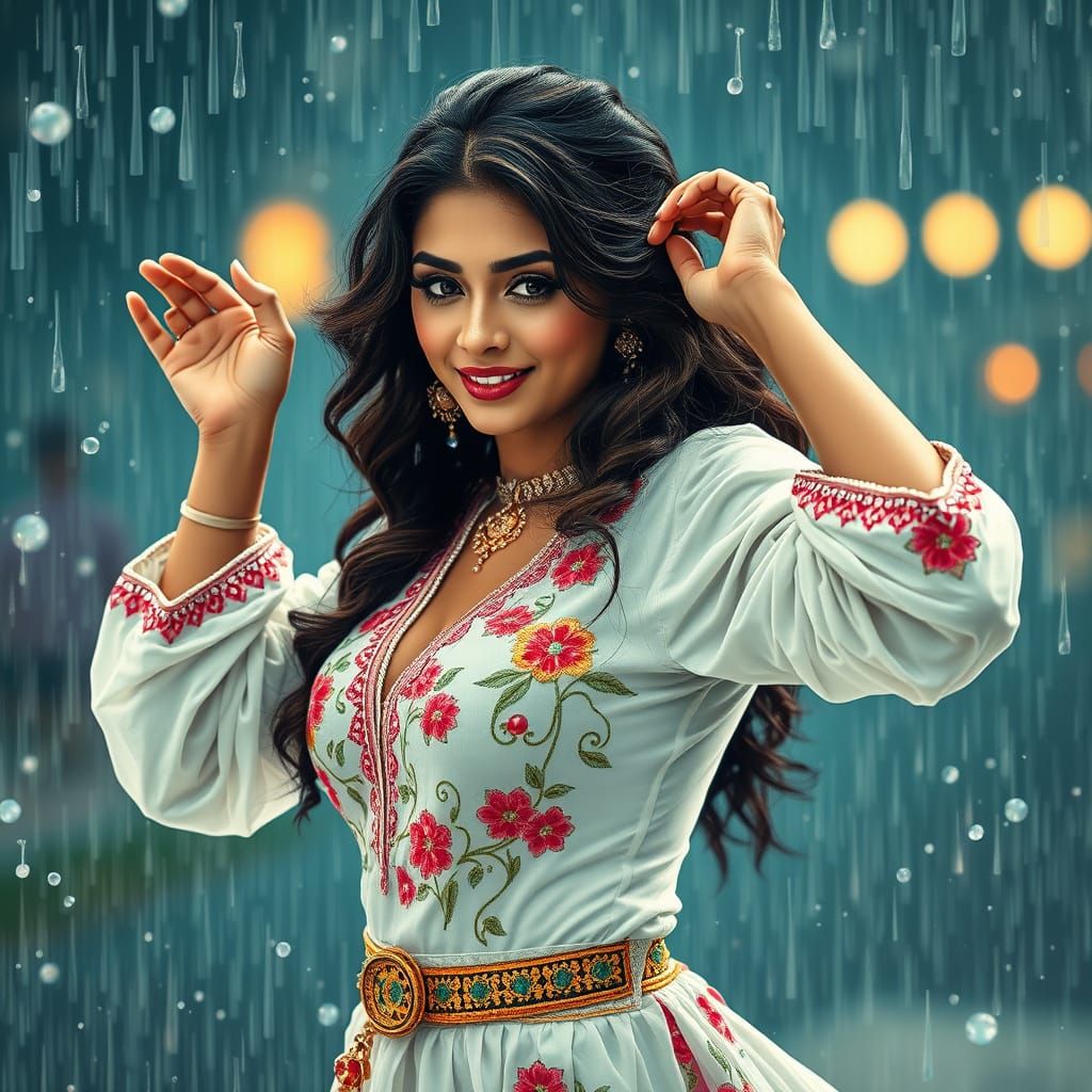 Ethereal Bollywood Goddess Dancing in Rainy Splendor