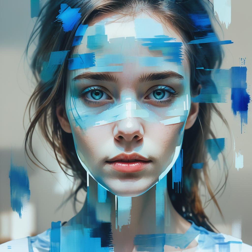 Woman's Portrait in Blue Watercolor Glitch Art