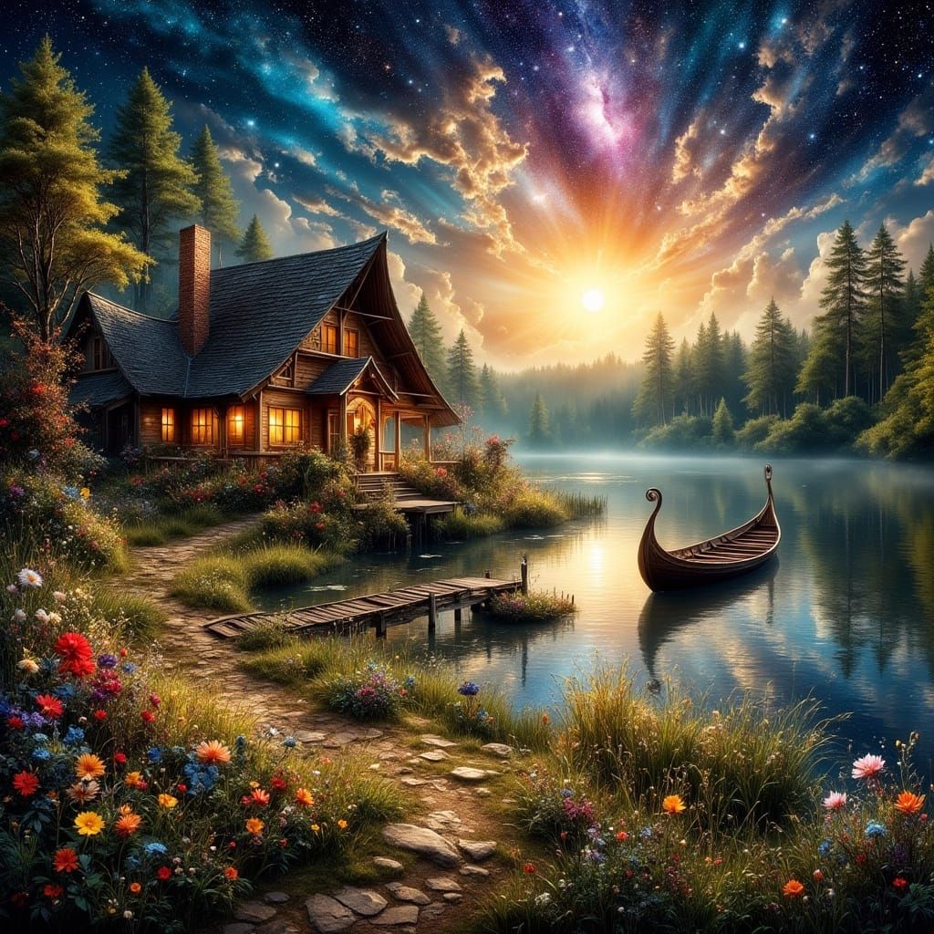 Fantasy Woodland Cottage by Tranquil Lake at Sunset