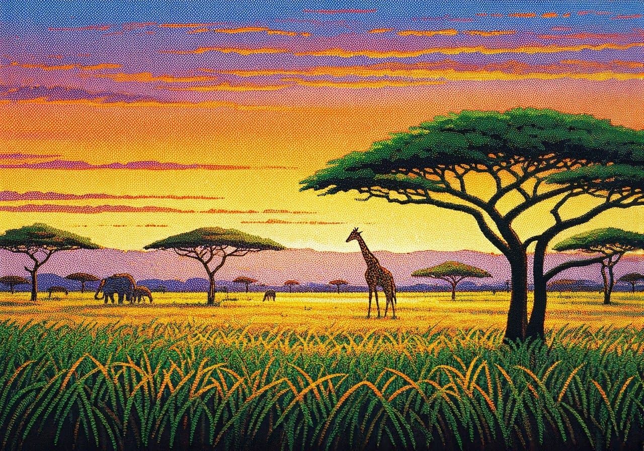 Vibrant African Savanna in Pointillism Style