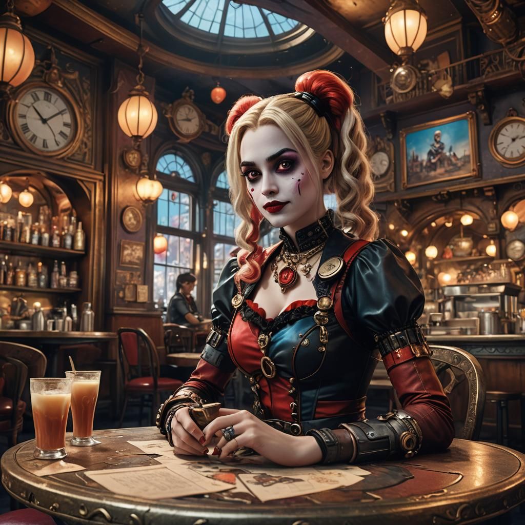 Alice as Harley Quinn in Steampunk Cafe