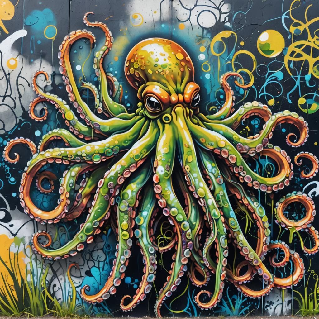 Seaweed Octopus Graffiti Art with Iridescent Bubbles