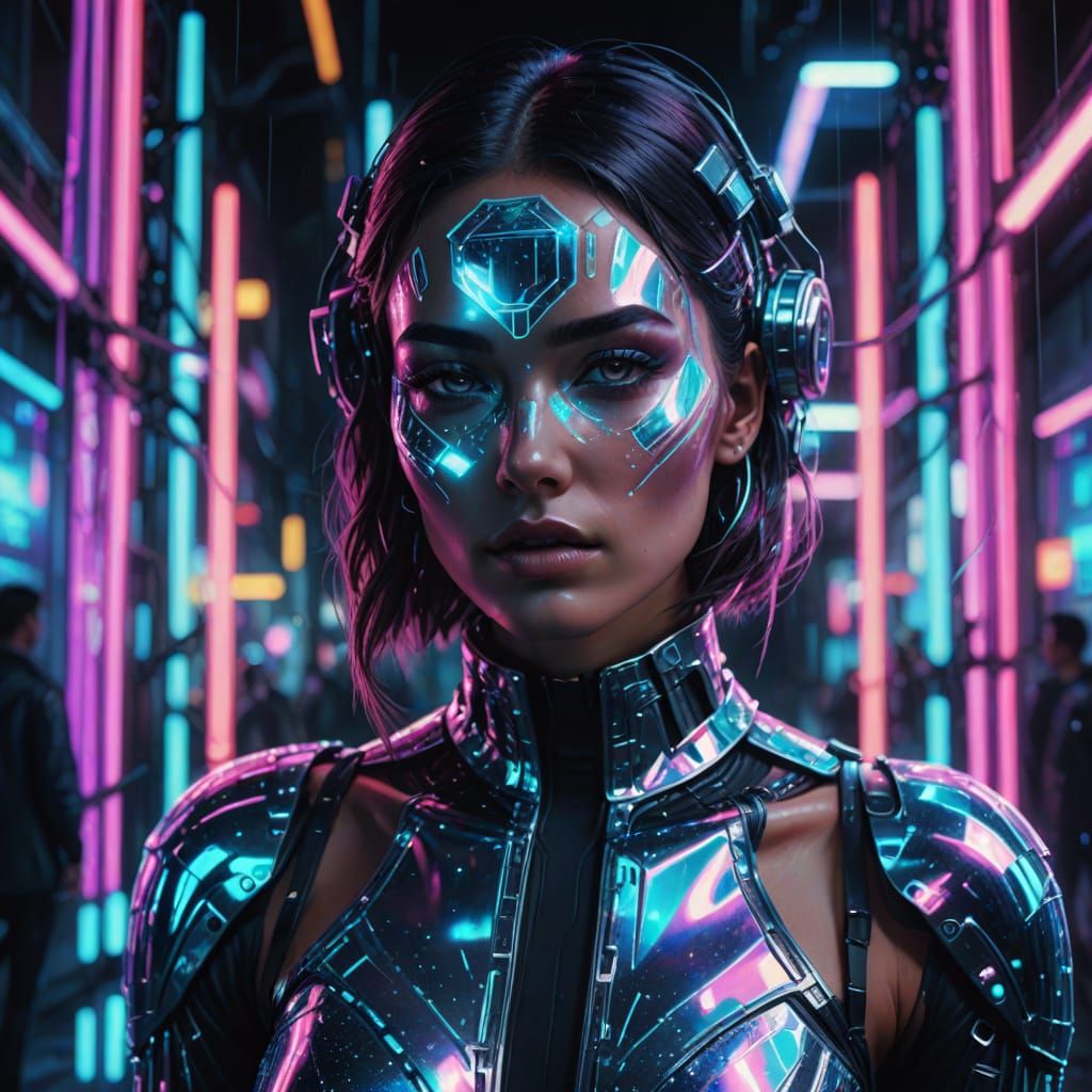 Futuristic Woman in Holographic Paint, Cyberpunk Style