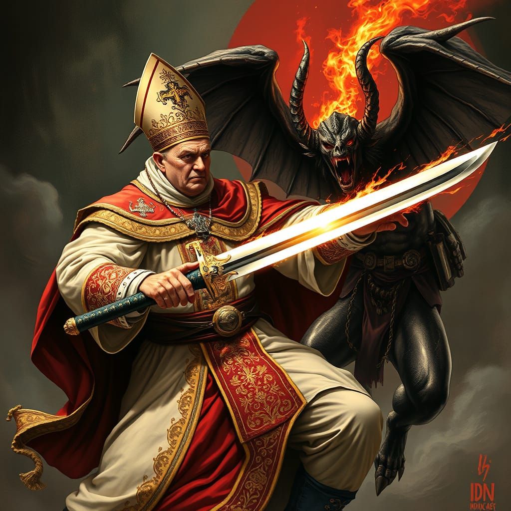 Pope Wielding Samurai Sword Defeats Satan in Fantasy Art