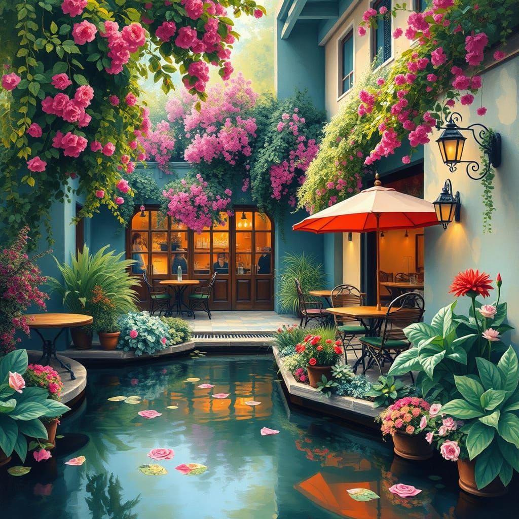 Impressionist Cafe Oasis in Vibrant Water Garden