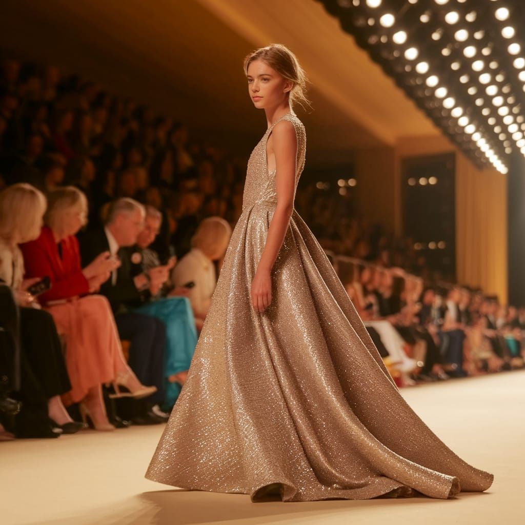 Model Showcases Evening Dress on Runway