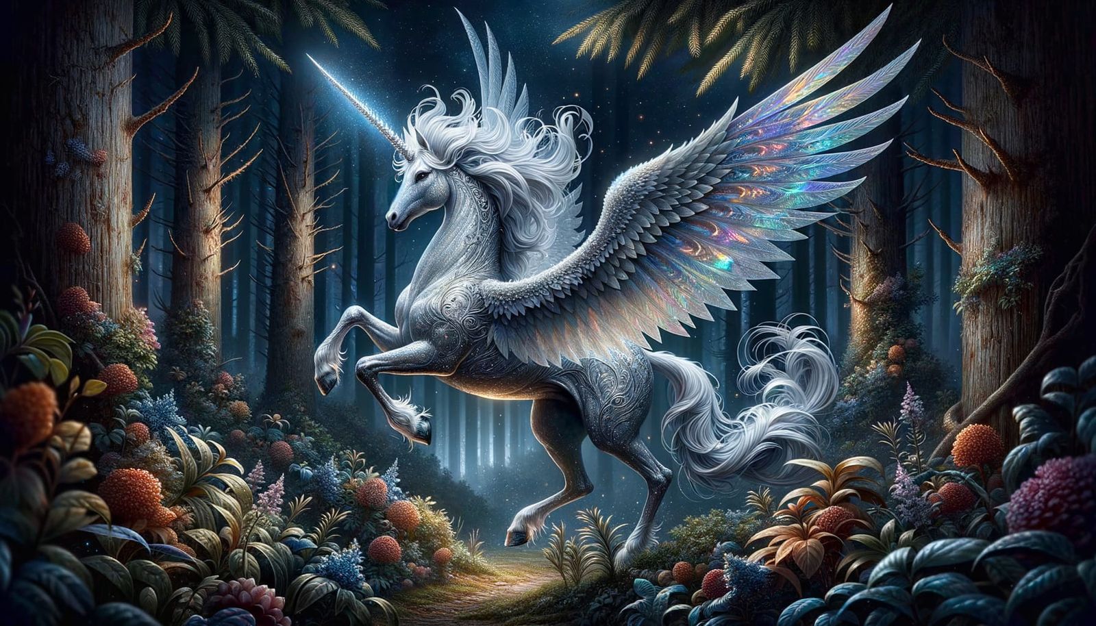 Shimmering Silver Alicorn in Lush Forest Scene
