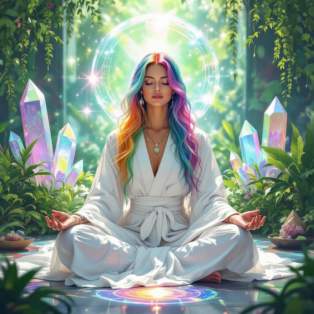 Rainbow Reiki Master Meditating in Futuristic Studio