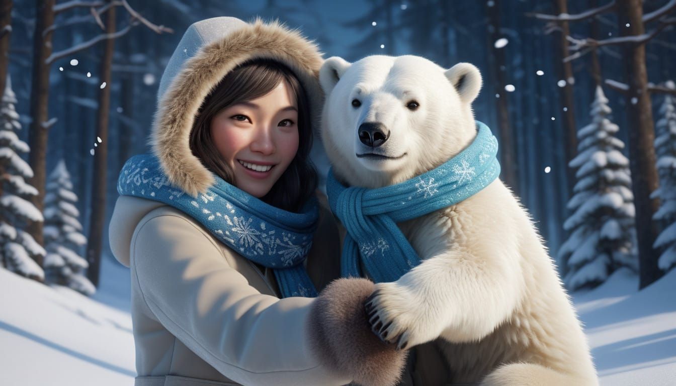 Eskimo Girl Meets Gentle Polar Bear in Winter Wonderland