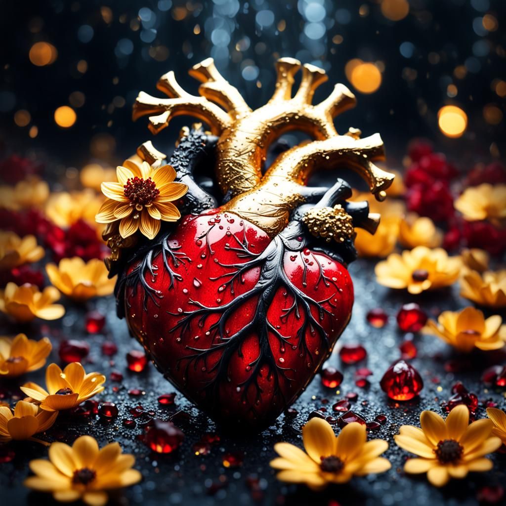 Human Heart Among Golden Flowers in Dark Fantasy Style