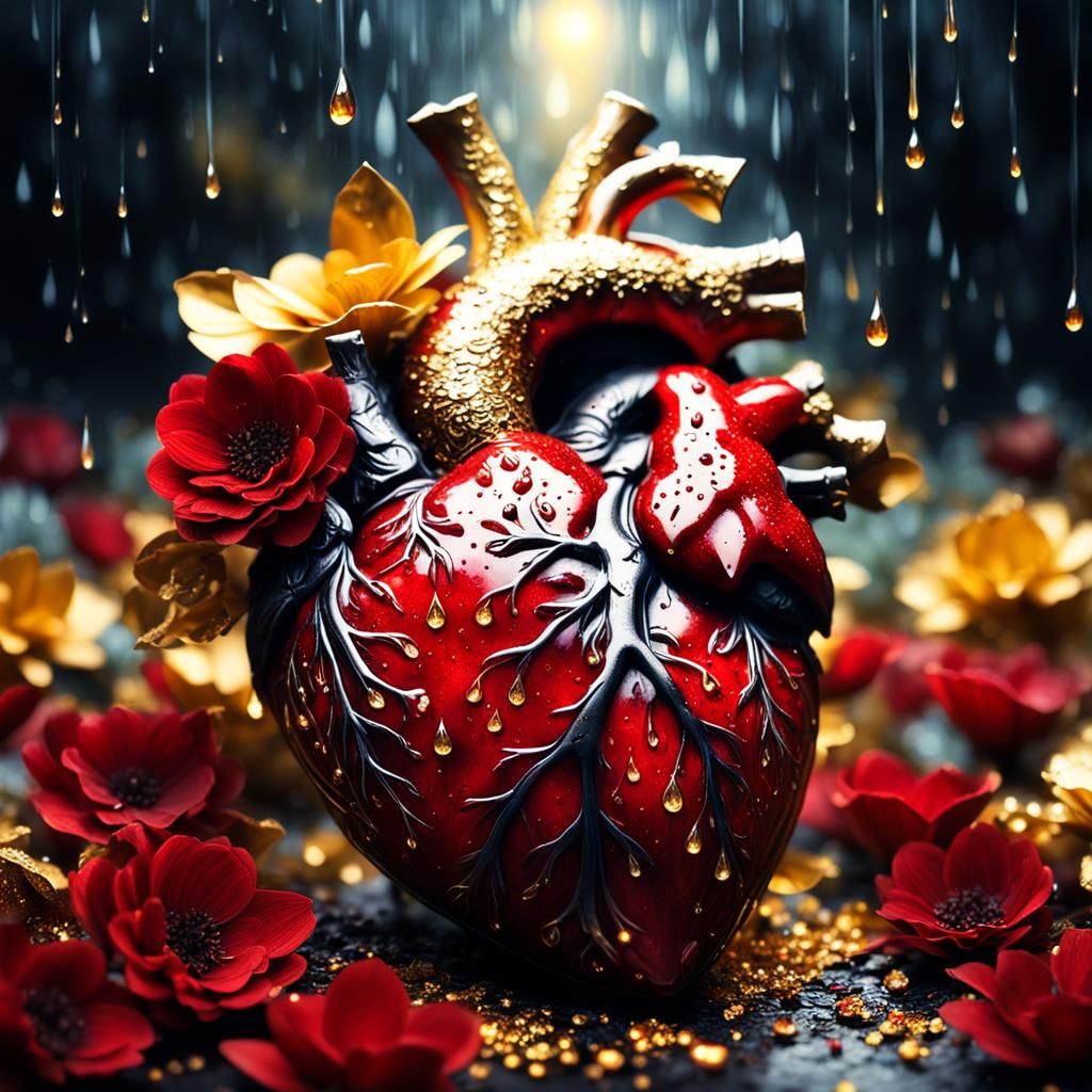 Heart in Bed of Ebony and Gold Flowers