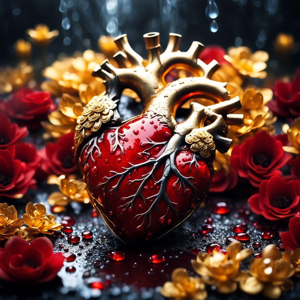 Human Heart in Bed of Flowers: Dark Fantasy Art