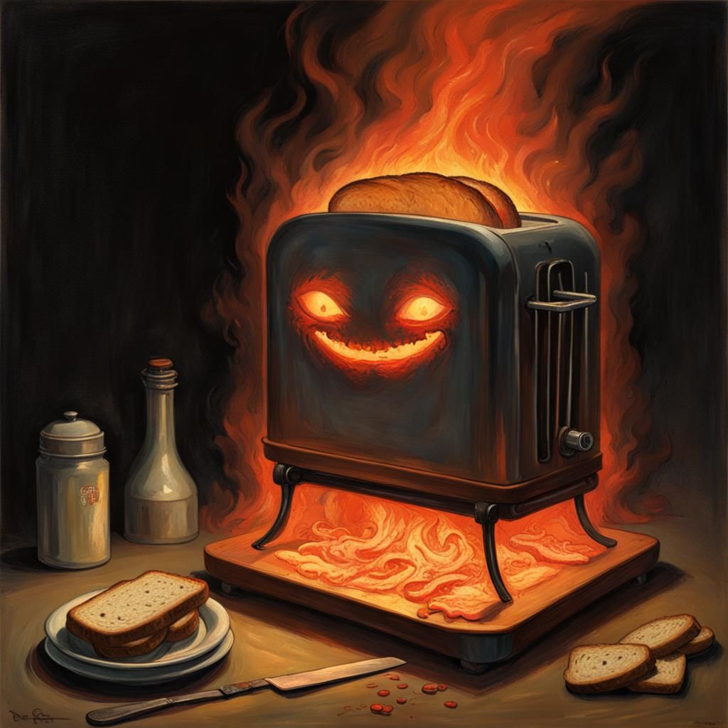 Evil Toaster in Dark Kitchen, Engraving Style