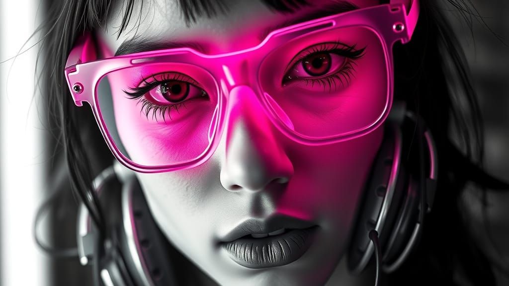 Cyberpunk Girl Portrait with Glowing Pink Neon Glasses