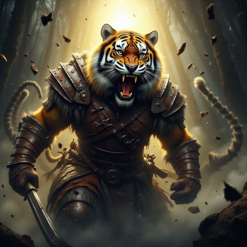 Cyberpunk Tiger Warrior in Ancient Armor