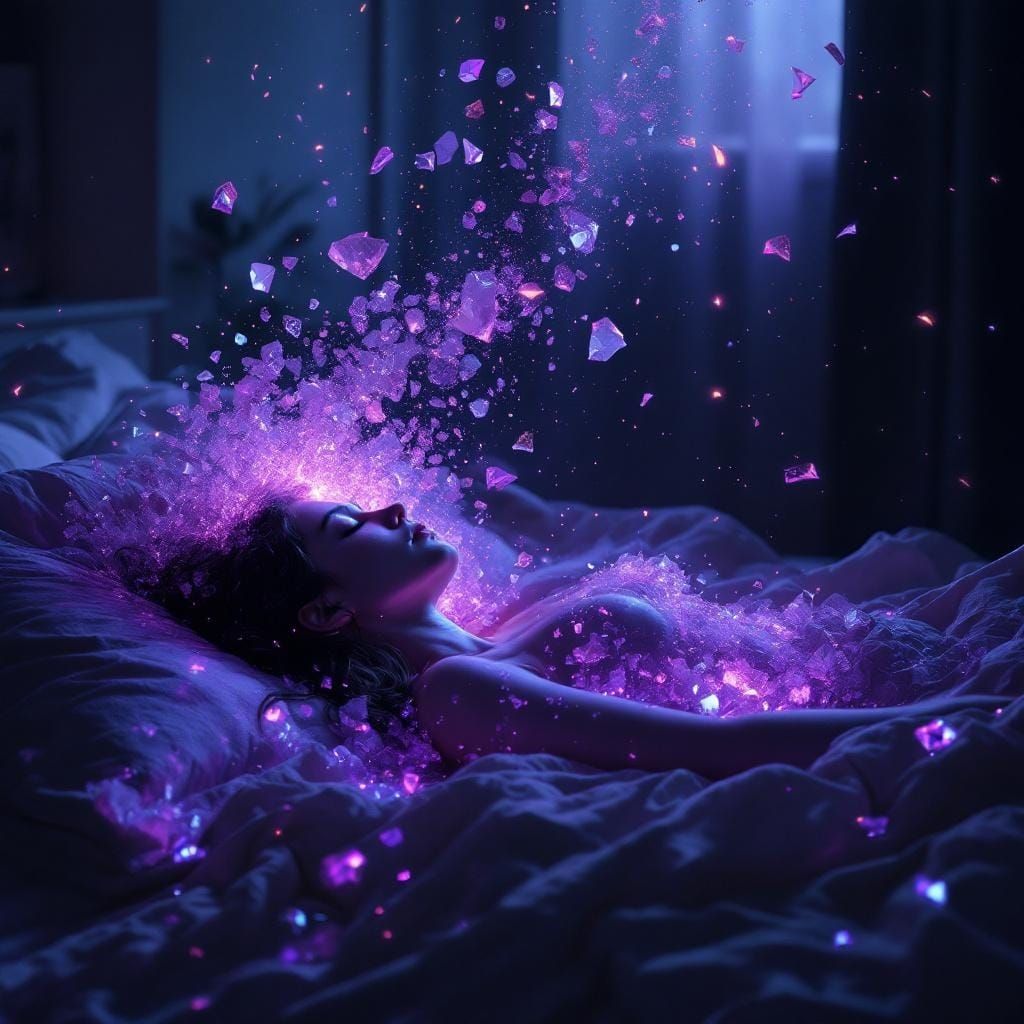 Woman Dissolving into Violet Light: Surrealist Digital Art