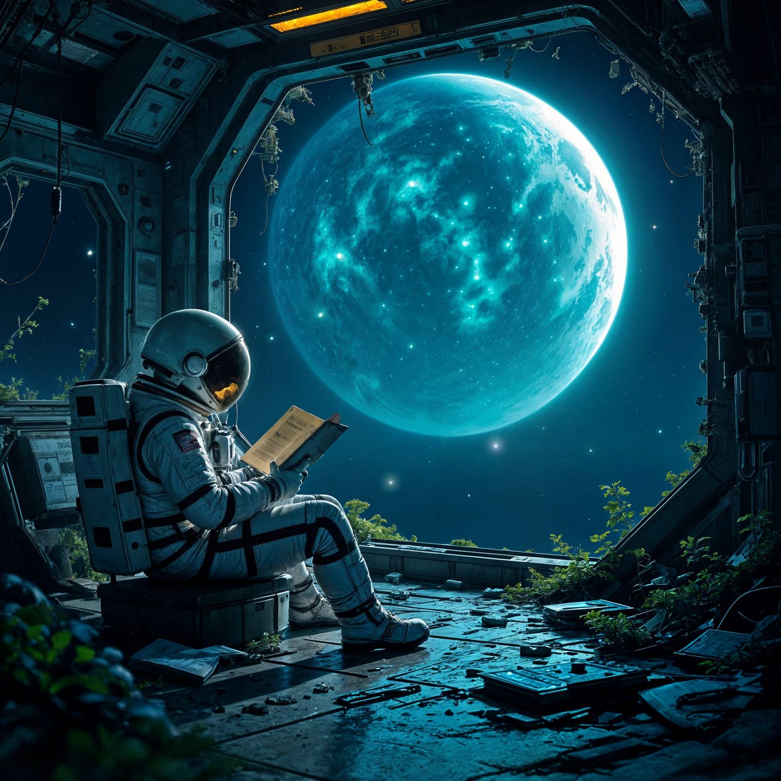 Astronaut Reads in Abandoned Space Station
