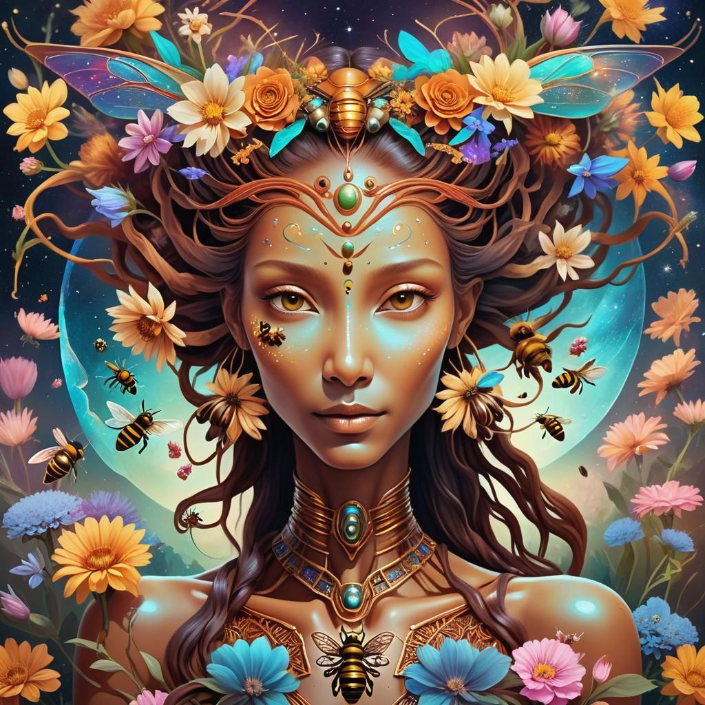 Da Vinci Style Alien Goddess with Flowers and Bees